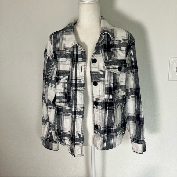 Sactuary Button Down Flannel Shirt Jacket Black White Plaid Large - Picture 1 of 9